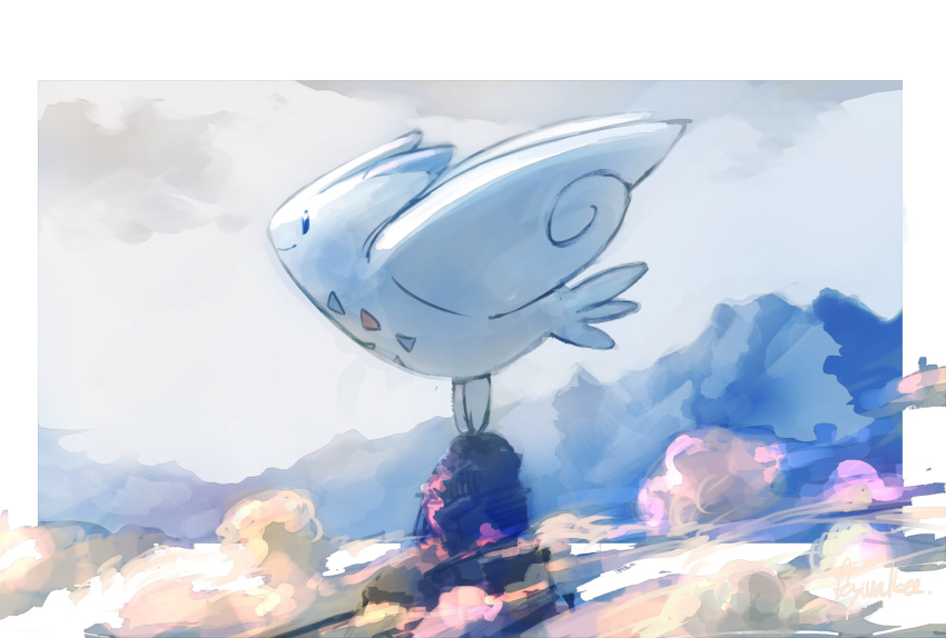 animal_focus artist_name black_eyes blank_eyes border closed_mouth clouds commentary day day_walker1117 english_text from_side full_body gen_4_pokemon grey_sky happy highres mountain mountaintop no_humans outdoors outside_border pokemon pokemon_(creature) profile signature smile solo standing togekiss white_border