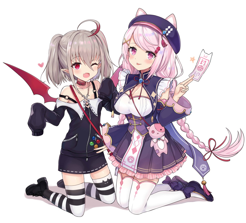 2girls :p ;d absurdres animal_hat blush braid cat_hat demon_wings detached_sleeves fang frilled_sleeves frills full_body hat highres kneeling looking_at_viewer makaino_ririmu multiple_girls nijisanji ofuda one_eye_closed open_mouth pink_eyes pink_hair red_eyes retsuto shiina_yuika silver_hair simple_background skin_fang sleeves_past_fingers sleeves_past_wrists smile thigh-highs tongue tongue_out twin_braids twintails underbust virtual_youtuber white_background wings zettai_ryouiki
