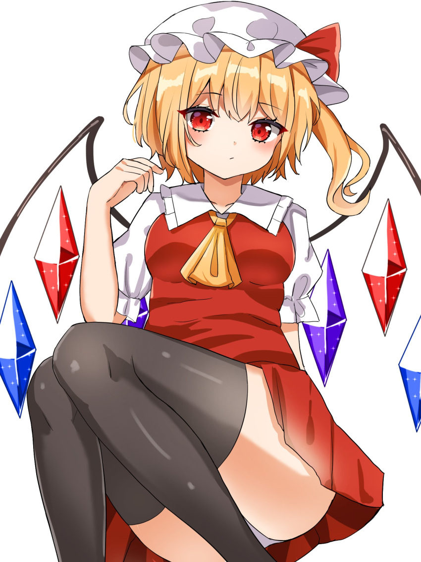 1girl ascot bangs black_legwear blonde_hair closed_mouth crystal eyebrows_visible_through_hair feet_out_of_frame flandre_scarlet hat hat_ribbon highres kiui_(dagk8254) looking_at_viewer mob_cap panties red_eyes red_ribbon red_skirt red_vest ribbon shirt short_sleeves side_ponytail simple_background skirt solo thigh-highs touhou underwear vest white_background white_headwear white_panties white_shirt wings yellow_neckwear