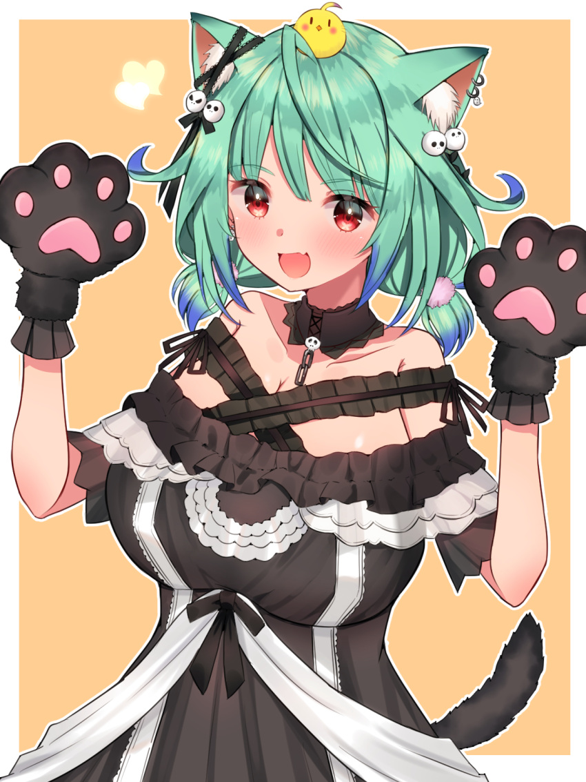 1girl :d ahoge alternate_breast_size animal_ears animal_on_head arms_up bangs bare_shoulders bird bird_on_head black_dress blue_hair blush breasts brooch cat_ears chick collarbone commentary_request detached_collar dress ear_piercing ear_ribbon fang frilled_dress frilled_straps frills gloves gradient_hair green_hair hair_ribbon highres hololive huge_breasts jewelry looking_at_viewer low_twintails mi_taro333 mixed-language_commentary multicolored_hair off-shoulder_dress off_shoulder official_alternate_costume on_head open_mouth paw_gloves paws piercing piyoko_(uruha_rushia) red_eyes ribbon see-through_sleeves short_hair short_sleeves short_twintails sidelocks single_earring skin_fang smile solo twintails uruha_rushia virtual_youtuber w_arms