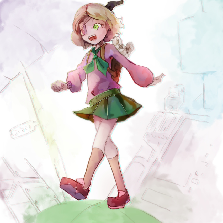 1girl abstract_background absurdres amon12345 collared_shirt commission commissioner_upload dutch_angle eyepatch from_below green_eyes green_neckwear green_skirt grey_hair grey_legwear highres long_sleeves miniskirt neckerchief open_mouth pink_footwear pink_sweater pleated_skirt ruru_(shinsei_kamattechan) shinsei_kamattechan shirt shoes short_hair skirt socks solo stuffed_animal stuffed_mouse stuffed_toy sweater white_shirt wing_collar