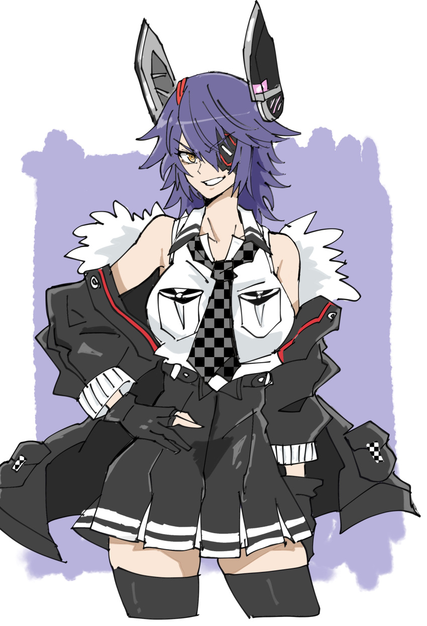 1girl absurdres breasts checkered checkered_neckwear grin headgear highres jacket jacket_on_shoulders kantai_collection large_breasts looking_at_viewer necktie potomithu purple_background purple_hair smile solo tenryuu_(kancolle)