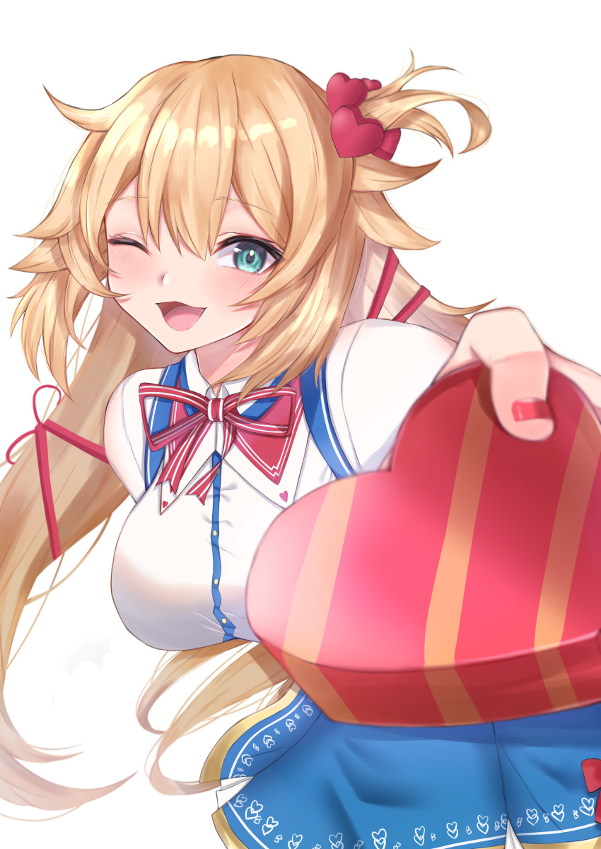 1girl ;d absurdres akai_haato aqua_eyes bangs blonde_hair blue_skirt box breasts chamaru5963 collared_shirt hair_between_eyes hair_ornament hair_ribbon heart heart-shaped_box heart_hair_ornament highres hololive incoming_gift large_breasts long_hair looking_at_viewer low_twintails nail_polish neck_ribbon one_eye_closed one_side_up open_mouth red_nails red_neckwear red_ribbon ribbon shirt short_sleeves skirt smile solo suspender_skirt suspenders tied_hair valentine very_long_hair virtual_youtuber white_shirt
