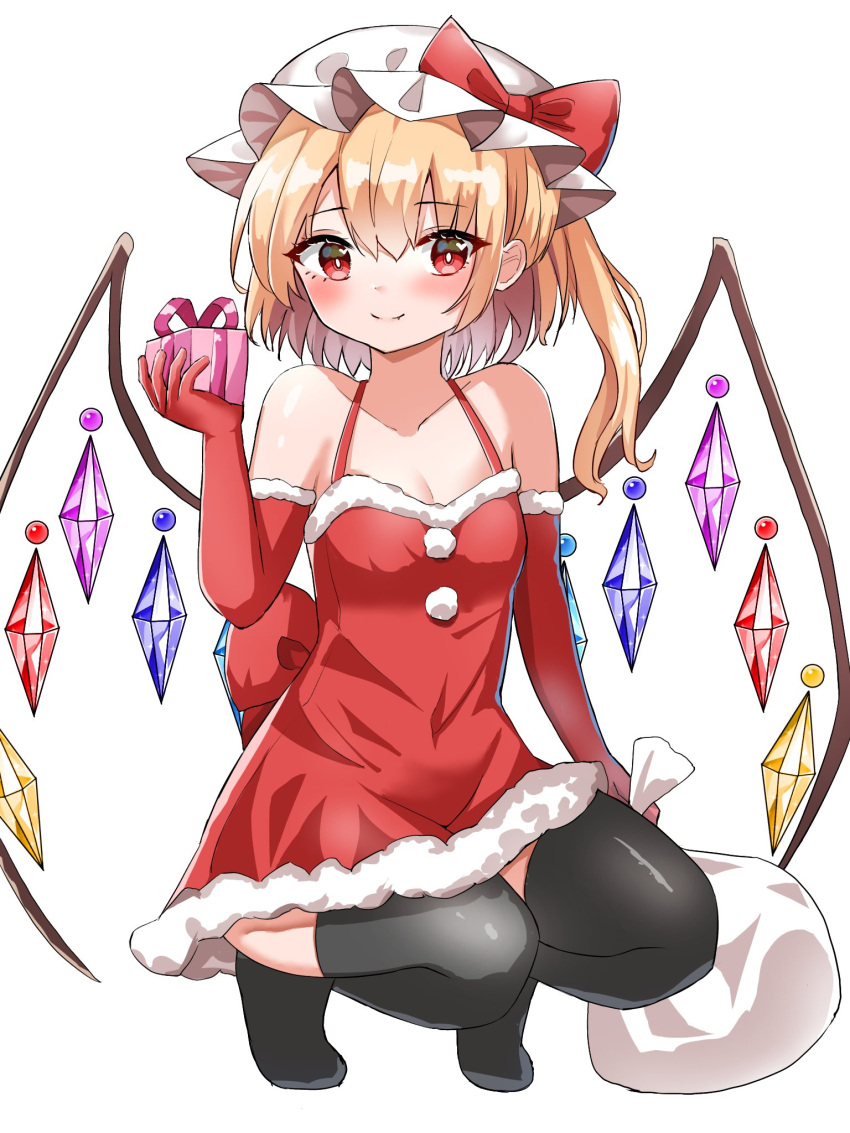 1girl bangs black_legwear blonde_hair bow box bright_pupils closed_mouth crystal dress elbow_gloves eyebrows_visible_through_hair flandre_scarlet full_body gift gift_box gloves hat hat_bow highres holding holding_gift kiui_(dagk8254) looking_at_viewer medium_hair mob_cap red_bow red_dress red_eyes red_gloves sack santa_costume side_ponytail simple_background smile solo squatting thigh-highs touhou white_background white_headwear white_pupils wings
