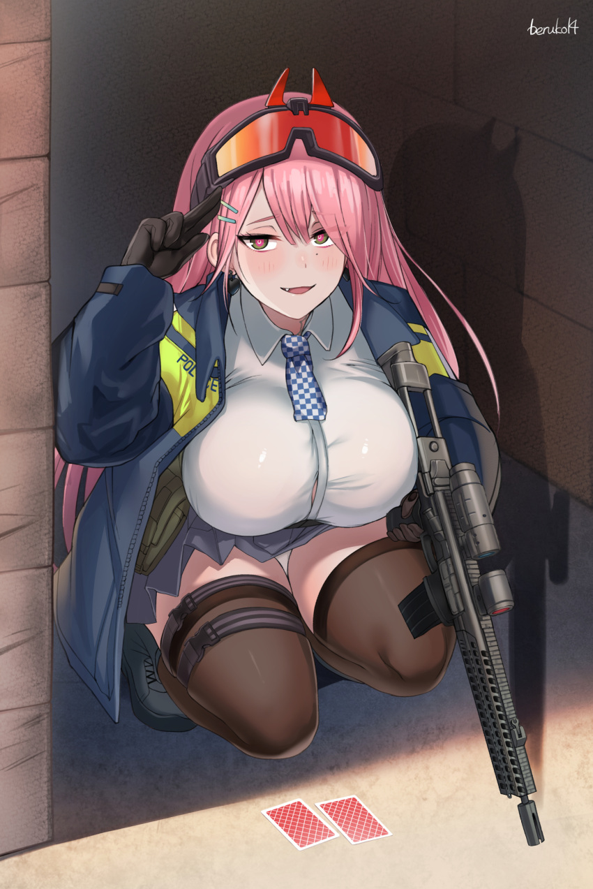 1girl beruko14 black_gloves black_legwear blue_jacket blue_skirt breasts card eyewear_on_head fang girls_frontline gloves gun hair_ornament hairclip highres holding holding_gun holding_weapon jacket large_breasts long_sleeves miniskirt panties pink_eyes pink_hair playing_card pleated_skirt rifle shirt sig_mcx_(girls_frontline) sig_sauer_mcx skirt solo squatting thigh-highs underwear weapon white_panties white_shirt