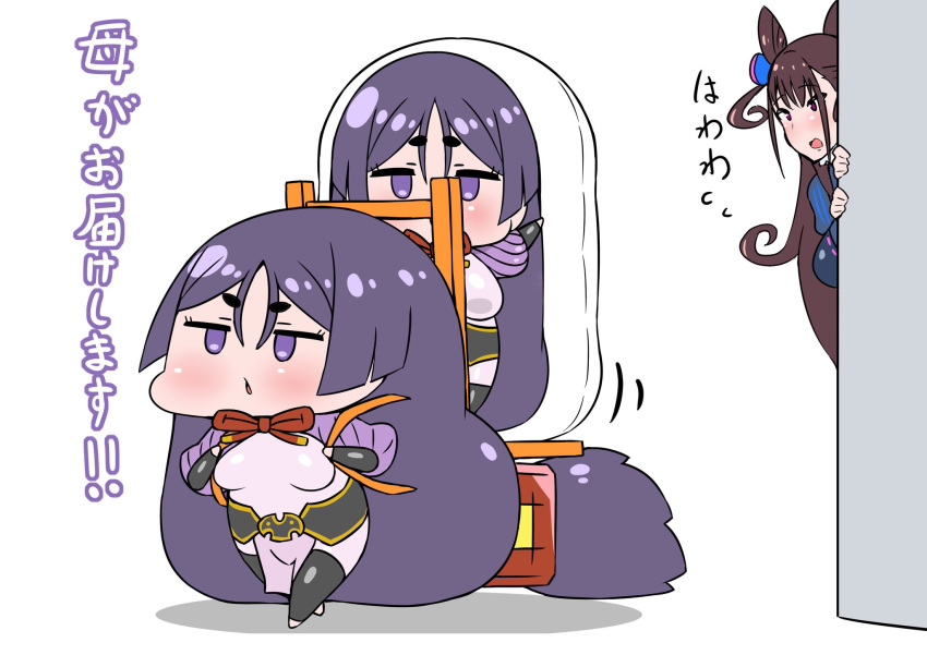 2girls absurdly_long_hair bangs chibi commentary_request dakimakura_(object) fate/grand_order fate_(series) hair_cones highres long_hair minamoto_no_raikou_(fate) multiple_girls murasaki_shikibu_(fate) open_mouth parted_bangs pelvic_curtain pillow purple_hair rei_(rei_rr) sidelocks translation_request very_long_hair violet_eyes wall