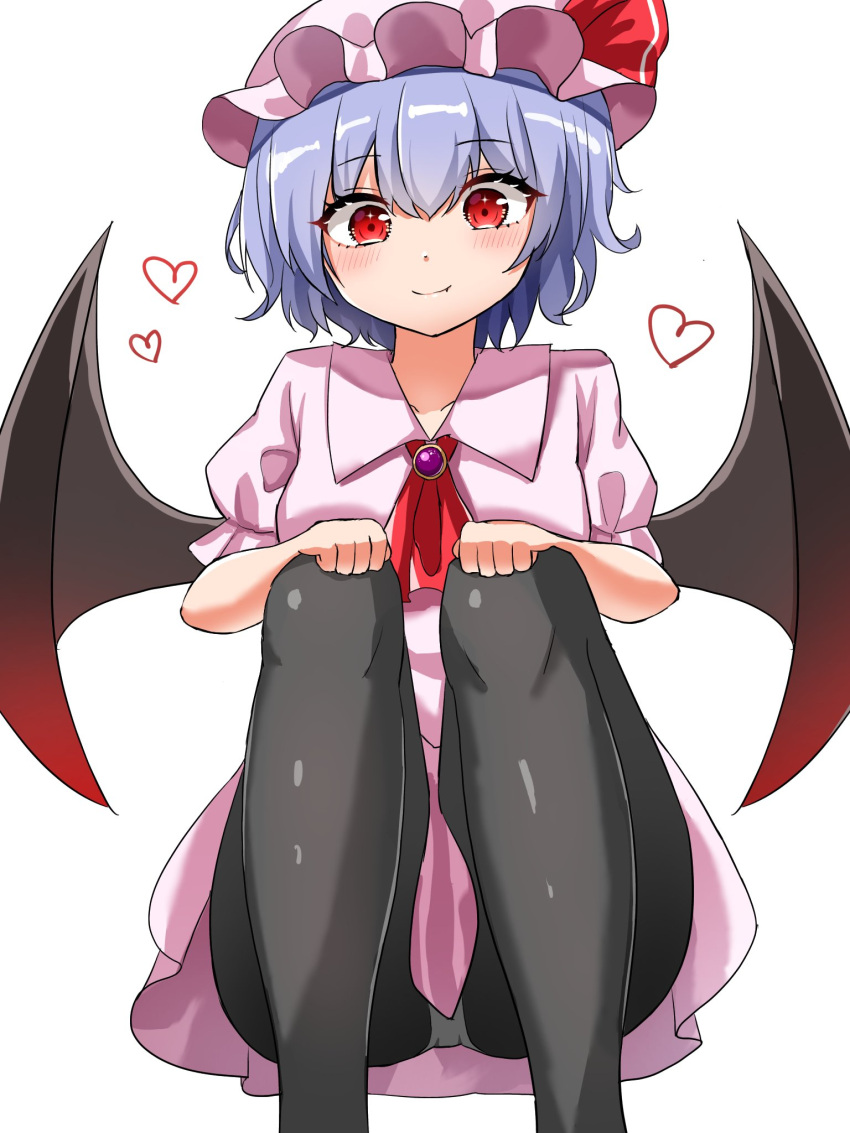 1girl ascot bangs bat_wings black_legwear closed_mouth collared_shirt eyebrows_visible_through_hair hands_on_own_knees hat heart highres kiui_(dagk8254) knees_up looking_at_viewer mob_cap pink_headwear pink_skirt purple_hair red_eyes red_neckwear remilia_scarlet shirt short_hair short_sleeves simple_background sitting skirt smile solo thigh-highs touhou white_background wings