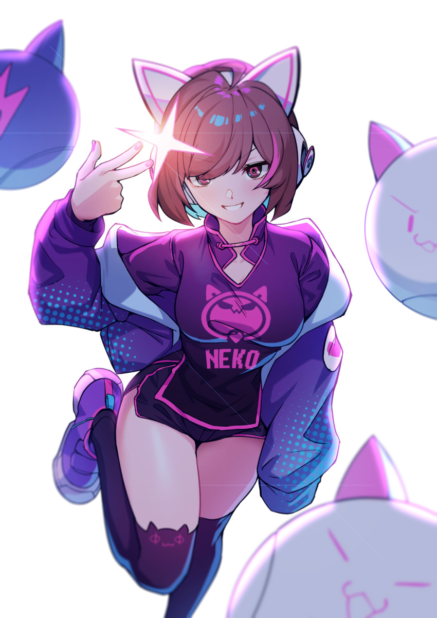 1girl ahoge animal_ear_legwear animal_ears asakura_neko axent_wear black_legwear black_shorts breasts brown_hair cat_ear_headphones cat_ear_legwear cat_ears cytus_ii dolphin_shorts ett fake_animal_ears glint gradient grin headphones highres jacket leg_up looking_at_viewer medium_breasts multicolored_hair nail_polish off_shoulder open_clothes open_jacket pink_eyes pink_nails purple_jacket purple_shirt shade shirt shoes short_hair short_shorts shorts simple_background smile sneakers solo standing standing_on_one_leg streaked_hair thigh-highs thighs w white_background