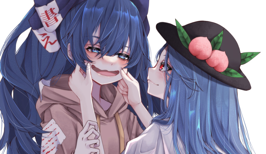 2girls black_headwear blue_eyes blue_hair food fruit hat highres hinanawi_tenshi looking_at_another multiple_girls open_mouth peach red_eyes simple_background touhou tsune_(tune) upper_body white_background yorigami_shion