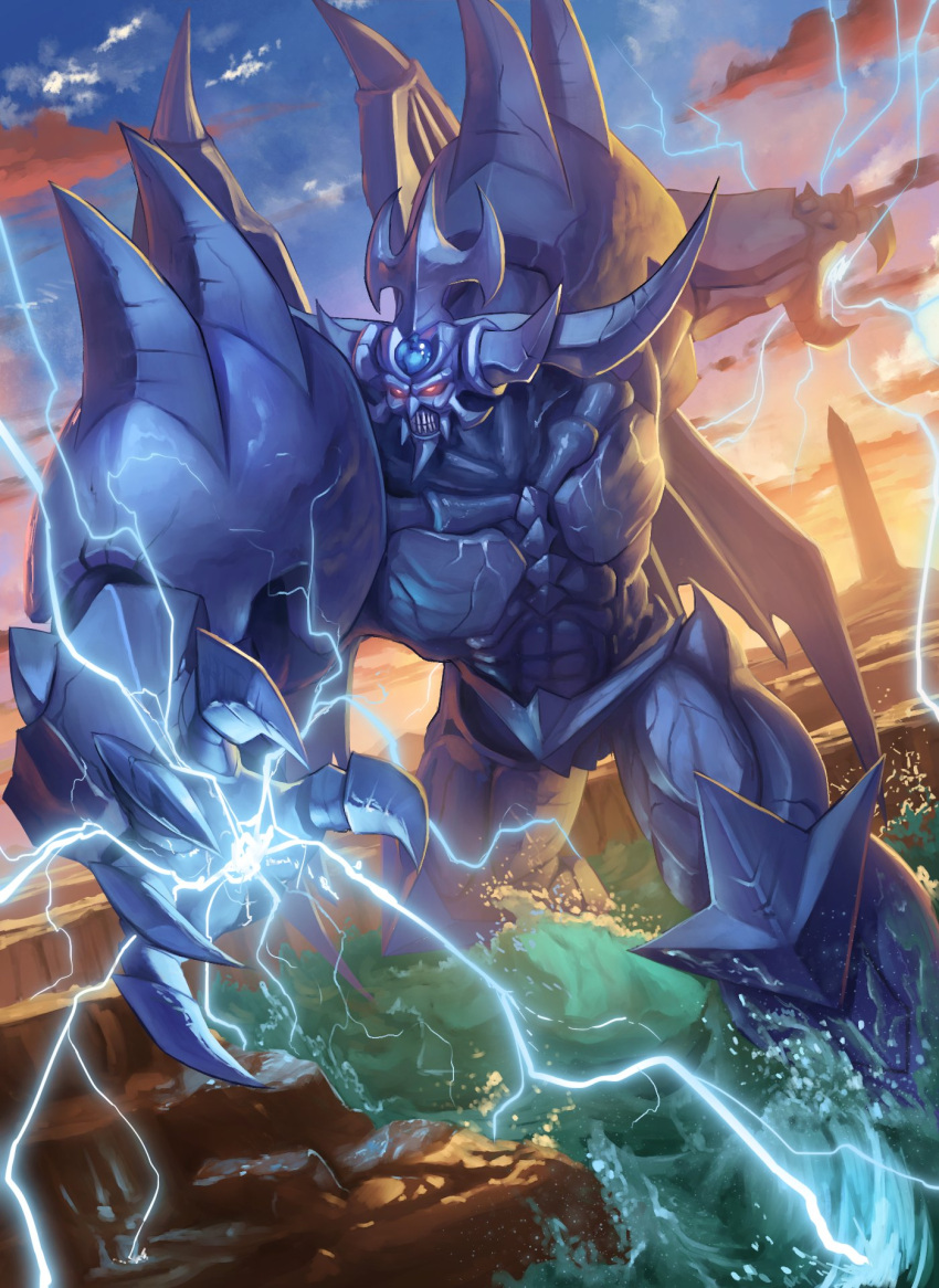clenched_teeth clouds commentary_request duel_monster electricity highres leaning_forward legs_apart obelisk_the_tormentor outdoors red_eyes rock sky solo spareribs spire standing teeth twilight wading water yu-gi-oh!