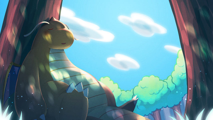 against_tree blush claws closed_eyes clouds commentary day dragonite emuenuon from_below gen_1_pokemon grass highres no_humans outdoors pokemon pokemon_(creature) sky sleeping solo tree