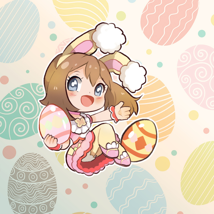 1girl animal_ears bangs blue_eyes blush brown_hair chibi choker dress easter egg fake_animal_ears full_body highres holding may_(pokemon) pantyhose pink_choker pink_dress pink_footwear pokemon pokemon_(game) pokemon_masters_ex pokemon_oras rabbit_ears solo wrist_cuffs yami11arts yellow_headwear yellow_legwear