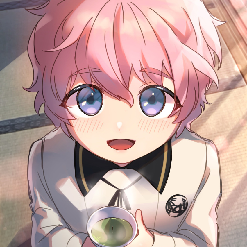 1boy akita_toushirou blue_eyes blush cup eyebrows_visible_through_hair from_below green_tea highres looking_at_viewer looking_up male_focus onota_(fkdx2243) open_mouth pink_hair solo tea touken_ranbu wavy_hair