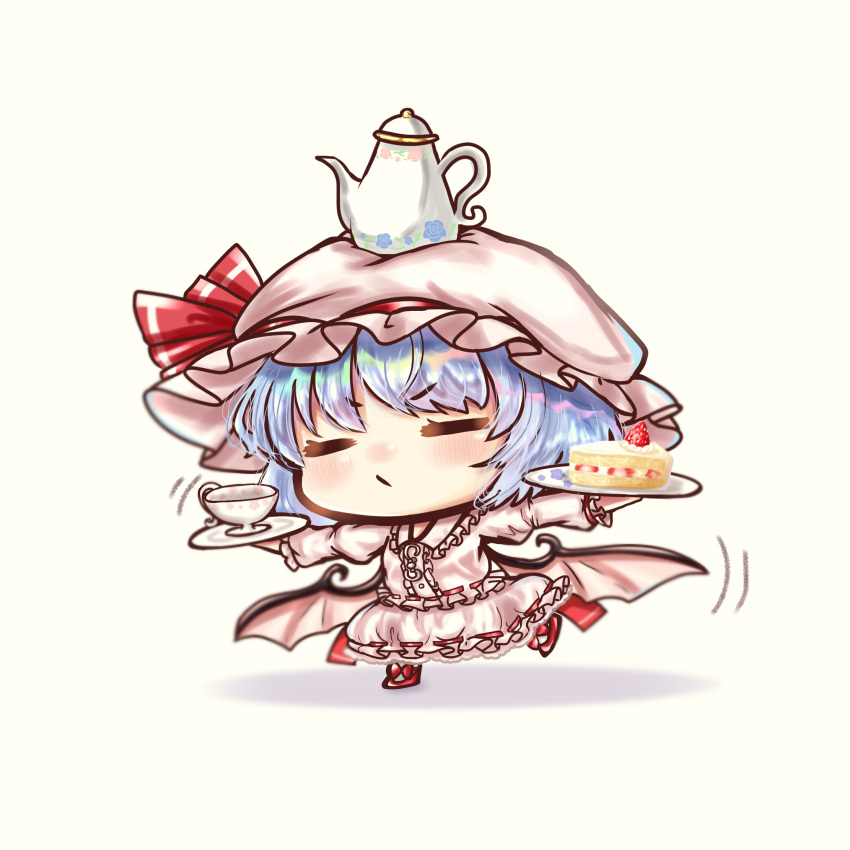 1girl balancing bat_wings blue_hair bow cake chibi commentary_request cup dress food hat hat_ribbon highres mob_cap pink_dress puffy_sleeves remilia_scarlet ribbon short_hair simple_background solo strawberry_shortcake suna_sen teacup teapot touhou wings