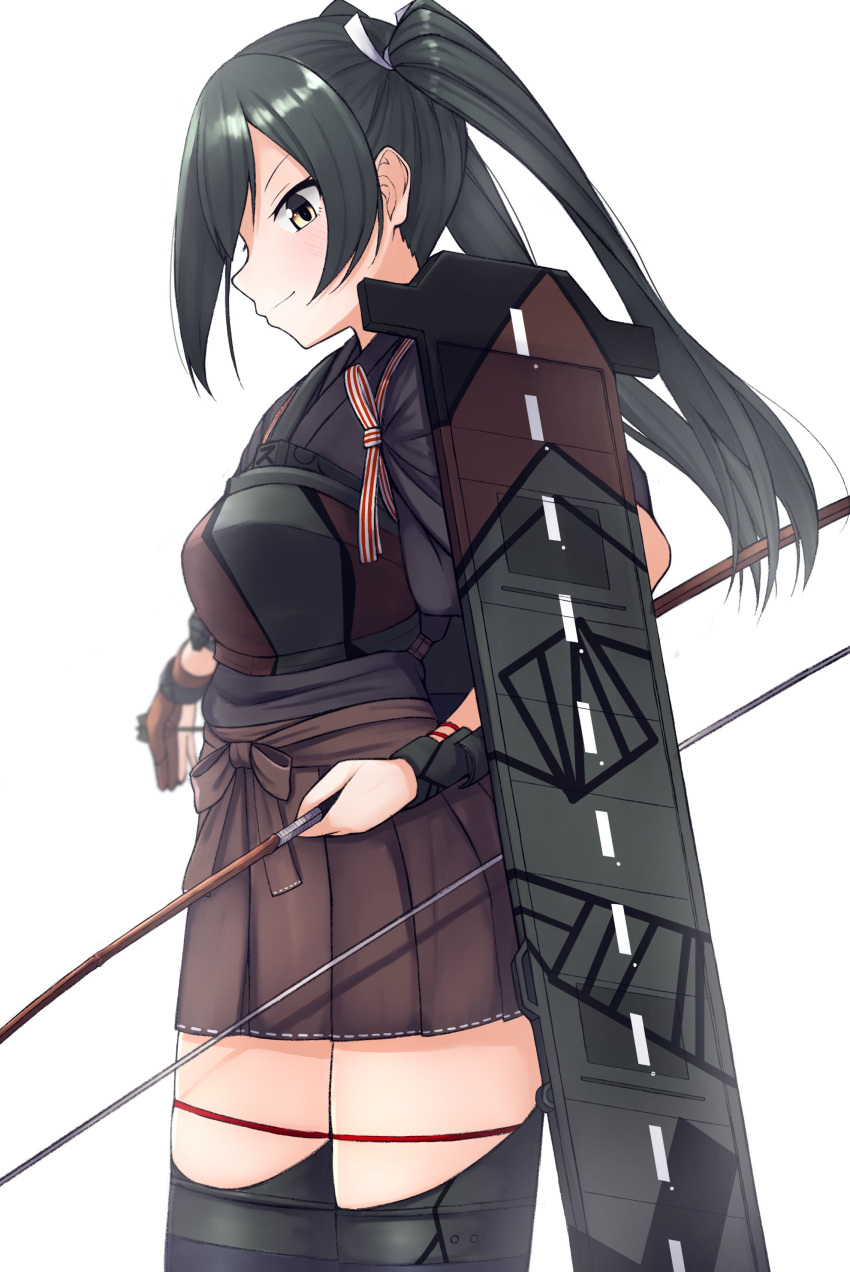 1girl absurdres black_hair black_kimono black_legwear brown_eyes brown_hakama camouflage commentary_request cowboy_shot flight_deck hakama hakama_skirt highres japanese_clothes kantai_collection kimono long_hair muneate remodel_(kantai_collection) solo thigh-highs tiemu_(man190) twintails yumi_(bow) zuikaku_(kancolle)