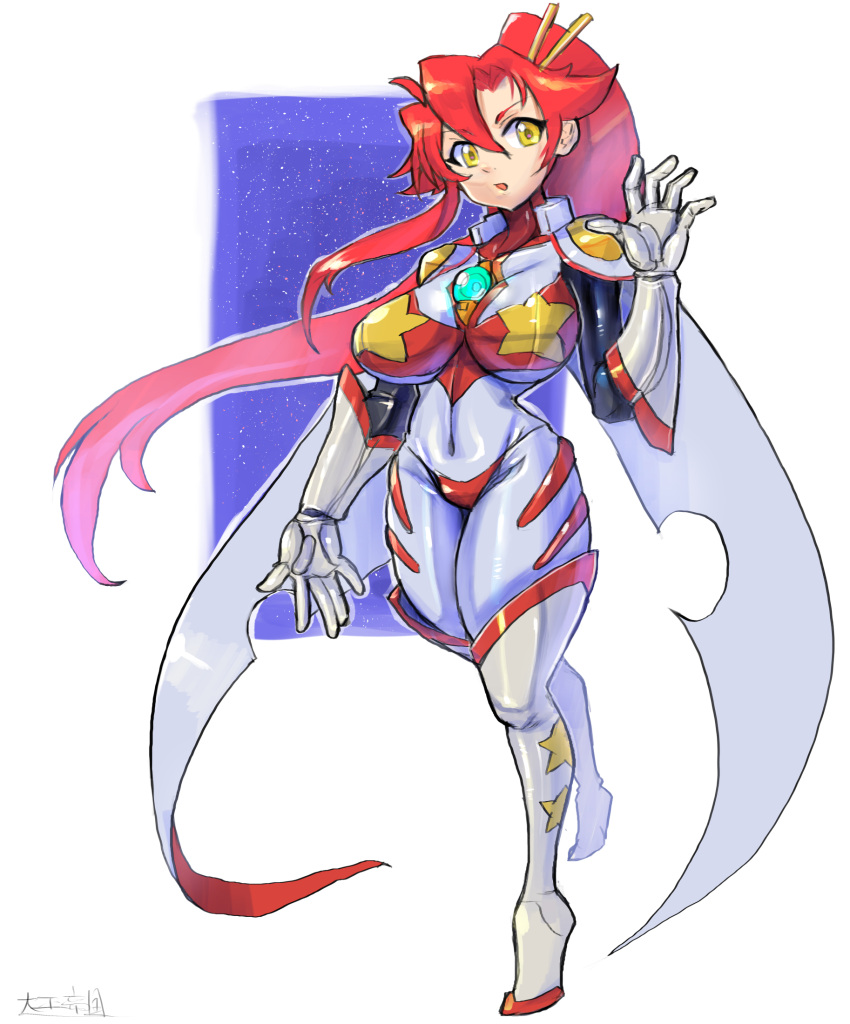 1girl bangs bodysuit boots breasts cape covered_navel full_body hair_between_eyes hair_ornament hair_stick hand_up highres large_breasts long_hair multicolored multicolored_bodysuit multicolored_clothes oomasa_teikoku parted_lips ponytail redhead solo space_yoko tengen_toppa_gurren_lagann thigh-highs thigh_boots very_long_hair walking white_footwear yellow_eyes yoko_littner