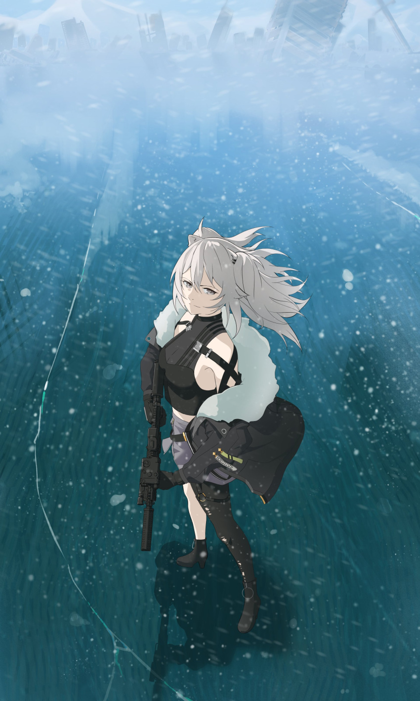 1girl absurdres assault_rifle black_footwear black_jacket breasts commentary floating_hair foregrip from_above fur_trim grey_eyes grey_hair grey_skirt gun high_heels highres holding holding_gun holding_weapon hololive jacket kuroi_enpitsu looking_to_the_side medium_breasts off_shoulder rifle shishiro_botan single_legging skirt smile snowing solo torn_clothes torn_legwear two_side_up virtual_youtuber weapon