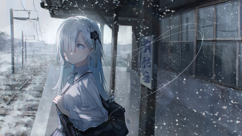 absurdres bag bag_charm bangs braid charm_(object) earphones flower grey_eyes grey_hair hair_flower hair_ornament hair_over_one_eye highres isekai_joucho isekai_joucho_(artist) kamitsubaki_studio looking_at_viewer railroad_tracks school_bag school_uniform snow train_station virtual_youtuber