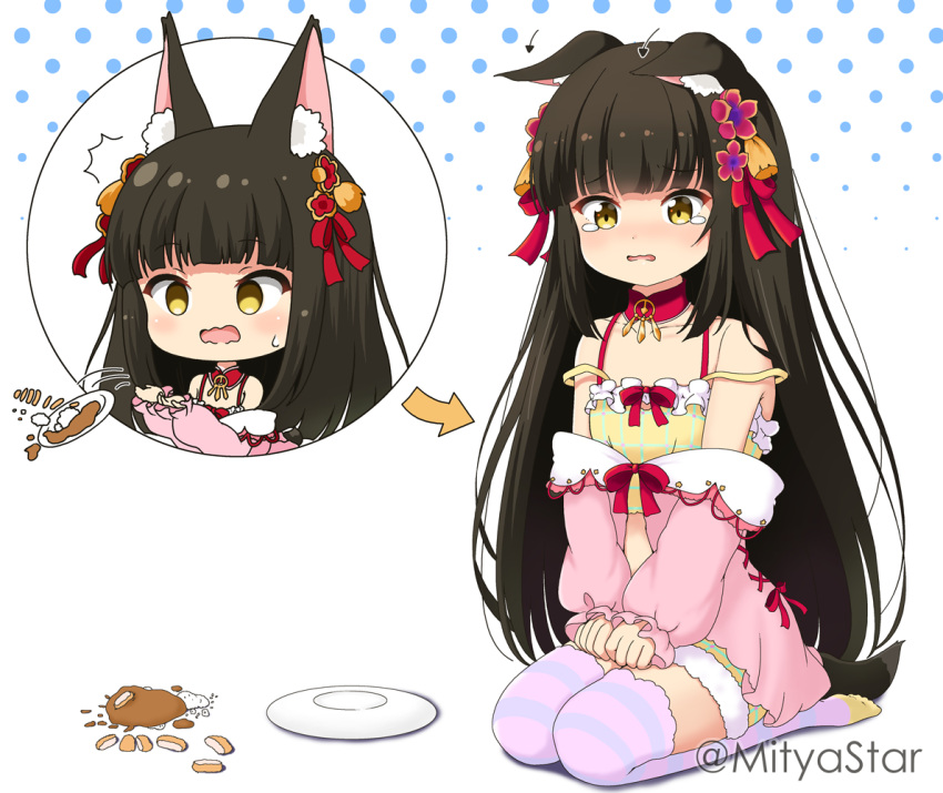 1girl ^^^ animal_ear_fluff animal_ears arrow_(symbol) azur_lane bangs bare_shoulders black_hair blush bow brown_eyes chibi collarbone commentary_request dropping ears_down eyebrows_visible_through_hair flower food fox_ears fox_girl fox_tail fur-trimmed_shorts fur_trim hair_flower hair_ornament halftone halftone_background hands_on_lap jacket long_sleeves miicha nagato_(azur_lane) no_shoes off_shoulder open_mouth pink_jacket plate puffy_long_sleeves puffy_sleeves red_bow red_flower rice seiza shadow short_shorts shorts sitting sleeves_past_wrists soles striped striped_legwear tail tears thigh-highs twitter_username wavy_mouth white_background yellow_eyes yellow_shorts