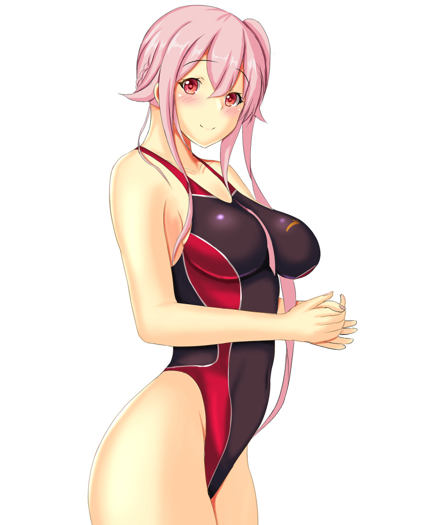 1girl black_swimsuit commentary_request competition_swimsuit cowboy_shot harusame_(kancolle) highleg highleg_swimsuit highres impossible_clothes impossible_swimsuit kantai_collection long_hair montemasa one-piece_swimsuit pink_hair red_eyes side_ponytail simple_background solo standing swimsuit two-tone_swimsuit white_background