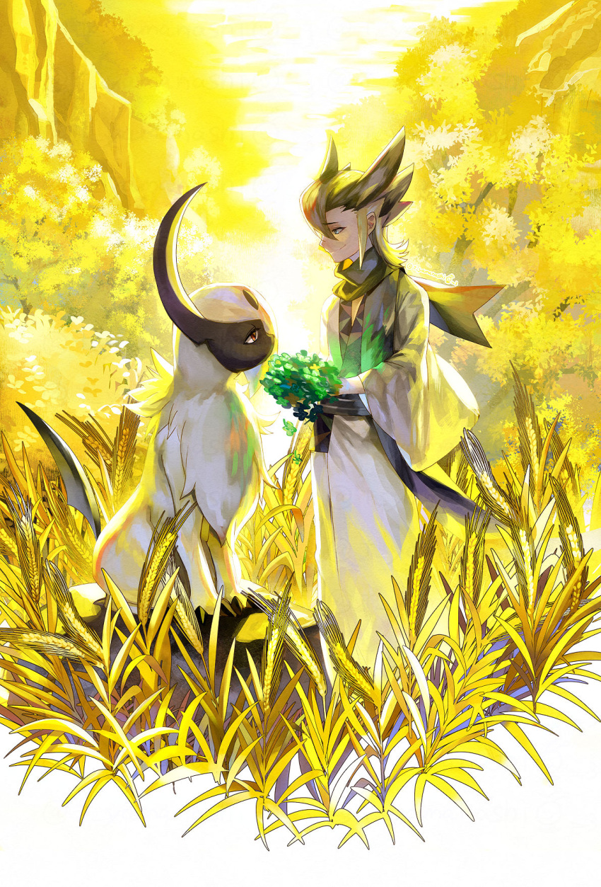 1boy absol bangs black_hair black_scarf closed_mouth commentary_request day from_side gen_3_pokemon grimsley_(pokemon) highres holding male_focus outdoors pokemon pokemon_(creature) pokemon_(game) pokemon_sm scarf smile spiky_hair standing wide_sleeves yamanashi_taiki