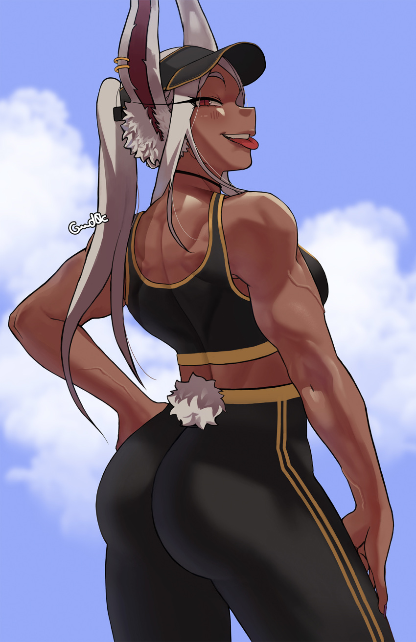 1girl :p ass back blush boku_no_hero_academia brown_eyes bunny_tail clouds dark_skin dark-skinned_female eyelashes gud0c hand_on_hip highres looking_at_viewer looking_back mirko muscular muscular_female ponytail slit smile solo sports_bra tail teeth tongue tongue_out veins visor_cap white_hair