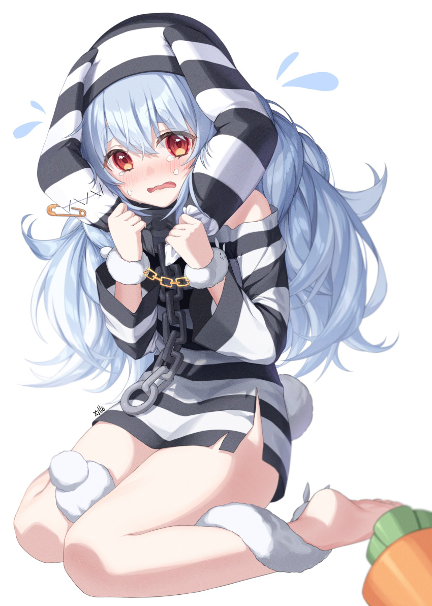 1girl absurdres animal_ears artist_name bangs bare_legs barefoot blue_hair blush bunny_tail chain collar commentary_request crying crying_with_eyes_open cuffs don-chan_(usada_pekora) dress ear_pull eyebrows_visible_through_hair full_body highres hololive long_hair long_sleeves metal_collar off-shoulder_dress off_shoulder open_mouth prison_clothes rabbit_ears rabbit_girl red_eyes short_eyebrows signature sitting solo striped striped_dress striped_headwear tail tears thick_eyebrows usada_pekora virtual_youtuber wariza white_background xiho_(suna)