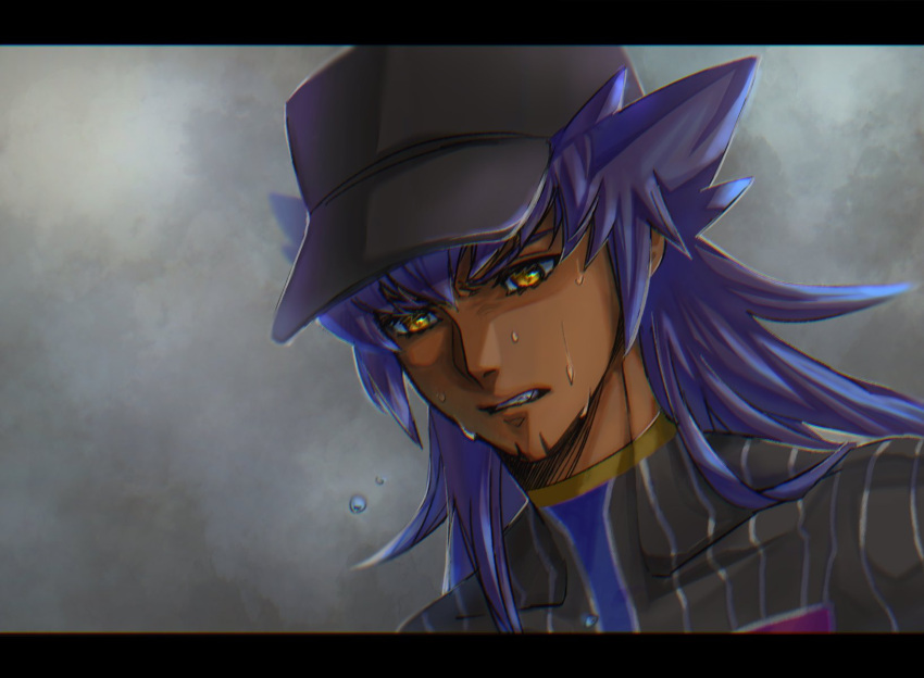 1boy bangs baseball_cap black_headwear champion_uniform clenched_teeth commentary_request dark_skin dark_skinned_male facial_hair hat highres leon_(pokemon) letterboxed long_hair male_focus pokemon pokemon_(game) pokemon_swsh punico_(punico_poke) purple_hair shirt solo teeth upper_body water_drop wet yellow_eyes