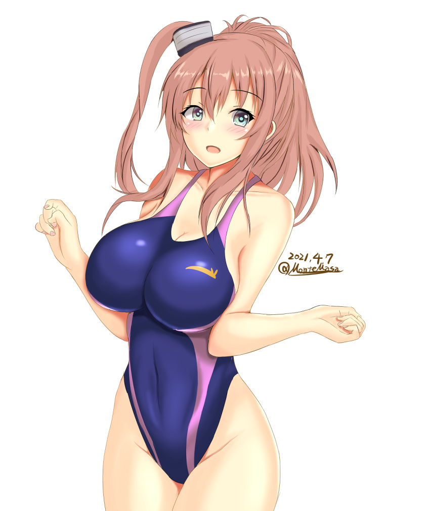 1girl breasts brown_hair competition_swimsuit cowboy_shot dated grey_eyes hair_between_eyes highleg highleg_swimsuit highres impossible_clothes impossible_swimsuit kantai_collection large_breasts montemasa one-piece_swimsuit ponytail saratoga_(kancolle) side_ponytail sidelocks simple_background solo swimsuit twitter_username white_background