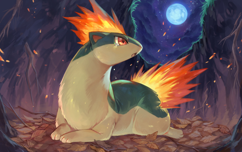 :o clouds commentary_request fire gen_2_pokemon grass highres leaf looking_back lying moon night no_humans on_stomach open_mouth outdoors paws pokemon pokemon_(creature) quilava red_eyes roots sky solo tapioka_chaso tearing_up toes tongue