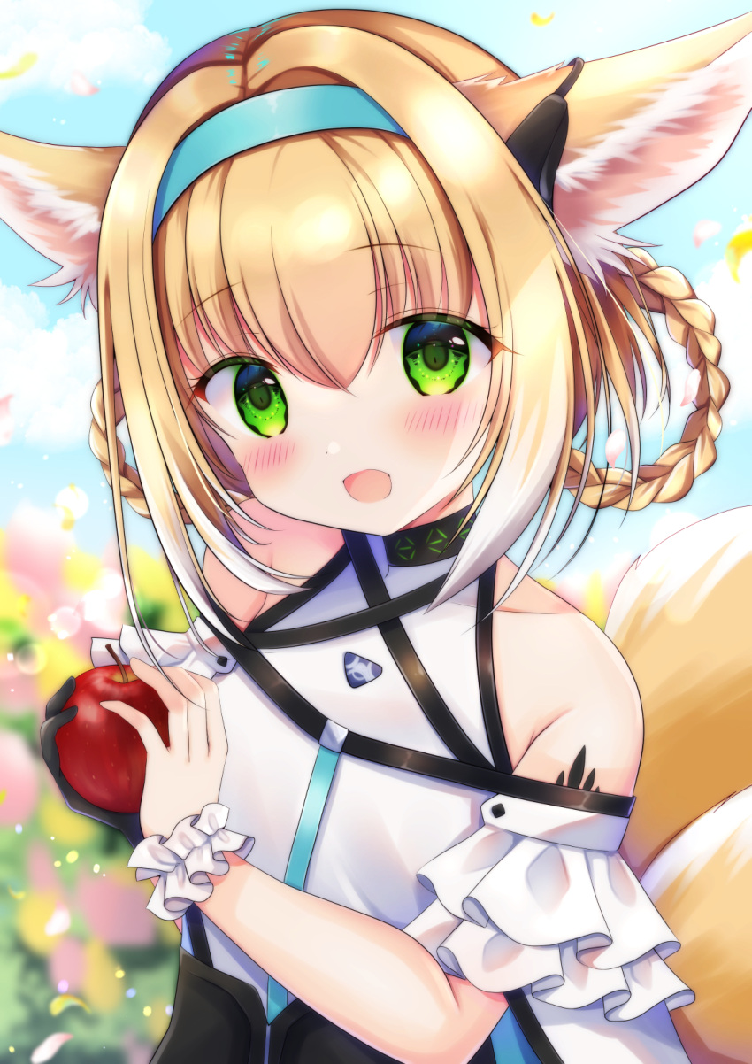 1girl :d animal_ear_fluff animal_ears apple arknights bare_shoulders black_choker black_gloves blonde_hair blue_background blush braid choker colored_tips food fox_ears fruit gloves green_eyes hairband highres holding holding_food holding_fruit infection_monitor_(arknights) looking_at_viewer miwa_uni multicolored_hair open_mouth oripathy_lesion_(arknights) outdoors single_glove smile solo suzuran_(arknights) twin_braids two-tone_hair upper_body white_hair wrist_cuffs