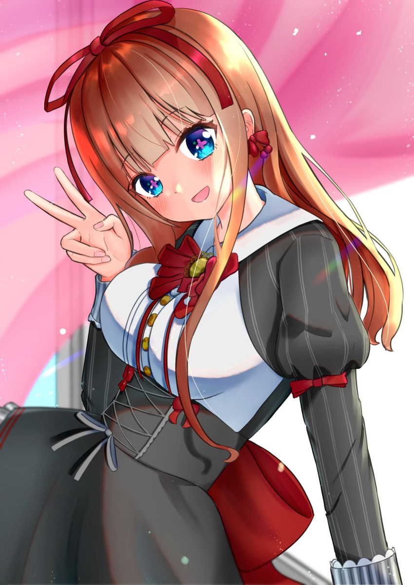 .live 1girl :d alternate_costume bangs blue_eyes blunt_bangs blush breasts brown_hair earrings fingernails hair_ornament highres jewelry kakyouin_chieri large_breasts long_hair looking_at_viewer open_mouth pillar red_ribbon ribbon simple_background smile solo user_wepv7587 v virtual_youtuber white_background