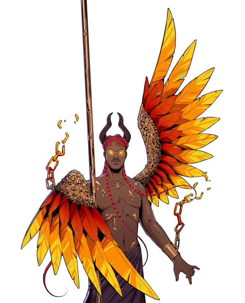 1boy abs absurdres antonio_demico broken broken_chain chain chained_wrists demon_horns demon_wings facial_hair fallen_angel feathered_wings glowing glowing_eyes hades_(game) hairlocs highres horns lil_nas_x muscular mustache original parody redhead solo stripper_pole wings yellow_eyes