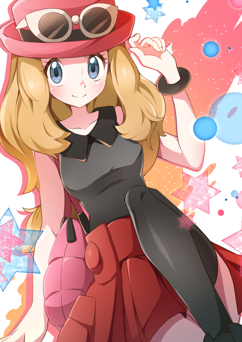 1girl black_legwear black_shirt blush bracelet closed_mouth collared_shirt commentary_request eyelashes grey_eyes hand_up hat highres jewelry light_brown_hair looking_at_viewer miyama-san pink_bag pink_headwear pleated_skirt pokemon pokemon_(game) pokemon_xy red_skirt serena_(pokemon) shirt skirt sleeveless sleeveless_shirt smile solo star_(symbol) sunglasses thigh-highs white-framed_eyewear