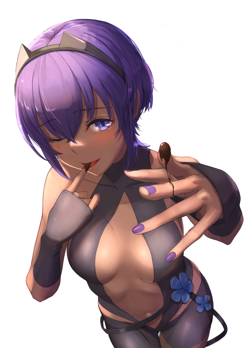 1girl announ_(kurotya) bangs bare_shoulders belt black_gloves black_hairband black_leotard blush breasts center_opening chocolate chocolate_on_fingers commentary_request dark_skin dark-skinned_female eyebrows_visible_through_hair fate/grand_order fate/prototype fate/prototype:_fragments_of_blue_and_silver fate_(series) finger_licking fingerless_gloves fingernails flower gloves hair_between_eyes hairband hassan_of_serenity_(fate) highres leggings leotard licking looking_at_viewer medium_breasts navel one_eye_closed open_mouth purple_hair purple_nails short_hair simple_background solo violet_eyes white_background