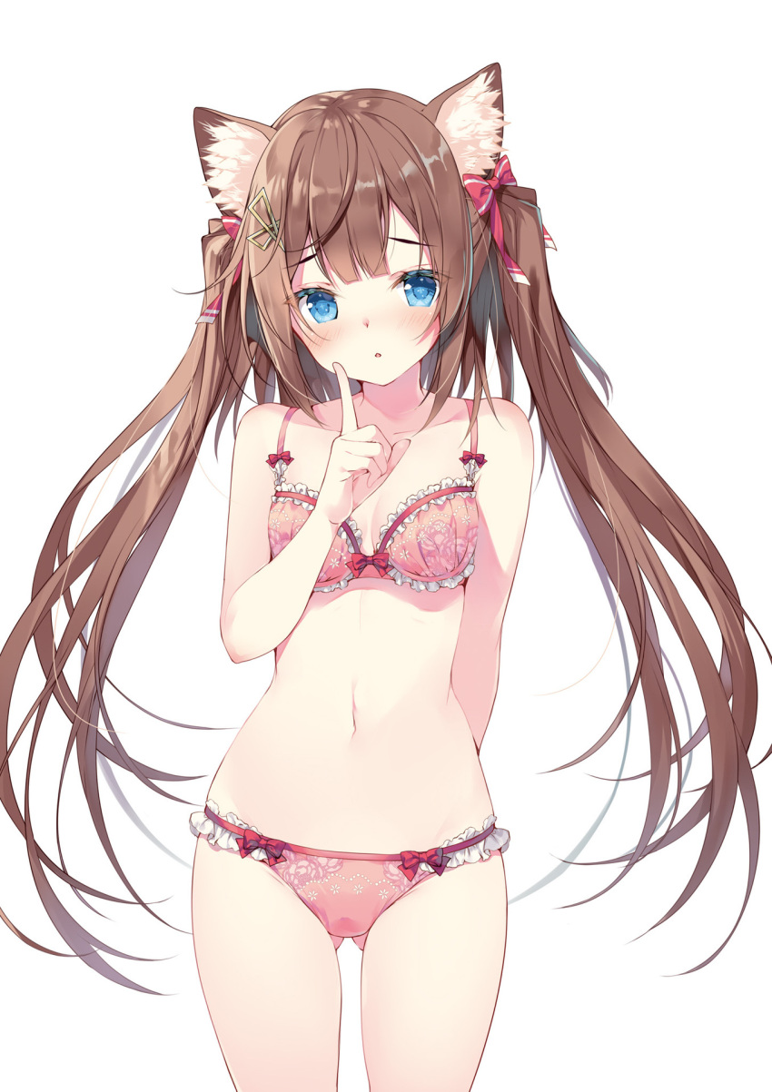1girl animal_ear_fluff animal_ears arm_behind_back ass_visible_through_thighs blue_eyes blush bow bow_bra bow_panties bra breasts brown_hair cat_ears cowboy_shot finger_to_mouth hair_ornament hair_ribbon hairclip highres index_finger_raised long_hair looking_at_viewer miwabe_sakura navel non-web_source original panties parted_lips pink_bra pink_panties ribbon sidelocks simple_background small_breasts solo twintails underwear underwear_only very_long_hair white_background