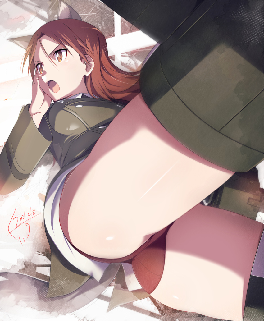 1girl animal_ears ass brown_hair buttons dated dog_ears dog_tail double-breasted dutch_angle highres jet_yowatari long_hair minna-dietlinde_wilcke open_mouth panties red_eyes red_panties redhead solo strike_witches striker_unit tail thighs underwear world_witches_series