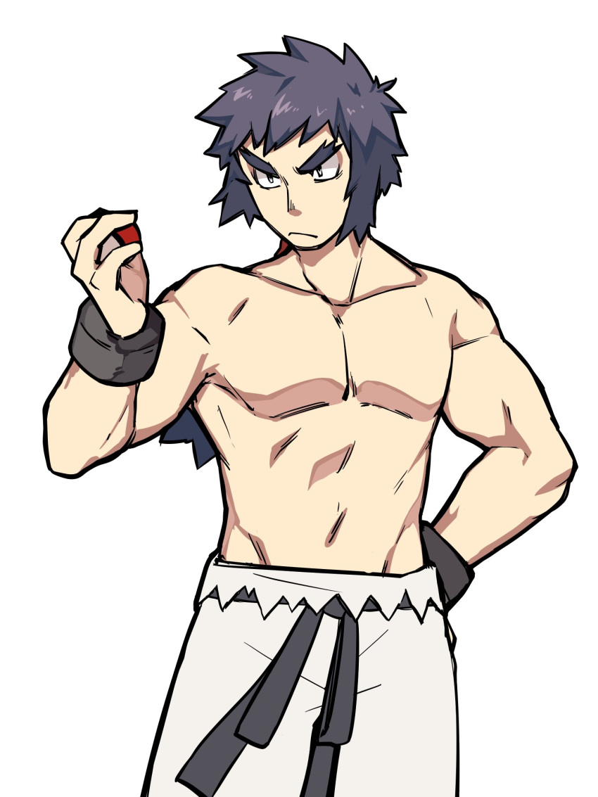 1boy bangs black_hair bruno_(pokemon) collarbone commentary_request elite_four hair_tie hand_up highres holding holding_poke_ball kiwi_of_ruin korean_commentary long_hair male_focus muscular muscular_male pants poke_ball poke_ball_(basic) pokemon pokemon_(game) pokemon_hgss sash shirtless simple_background solo tied_hair white_background white_pants