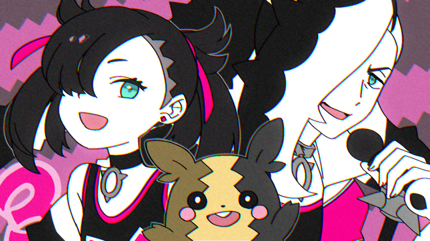 1boy 1girl :d asymmetrical_bangs bangs black_choker black_hair brother_and_sister choker commentary_request earrings eyelashes gen_8_pokemon green_eyes gym_leader hair_ribbon hand_up highres holding holding_microphone jacket jewelry long_hair marnie_(pokemon) microphone morpeko morpeko_(full) multicolored_hair open_mouth piers_(pokemon) pokemon pokemon_(creature) pokemon_(game) pokemon_swsh punico_(punico_poke) purple_ribbon ribbon siblings smile two-tone_hair white_hair