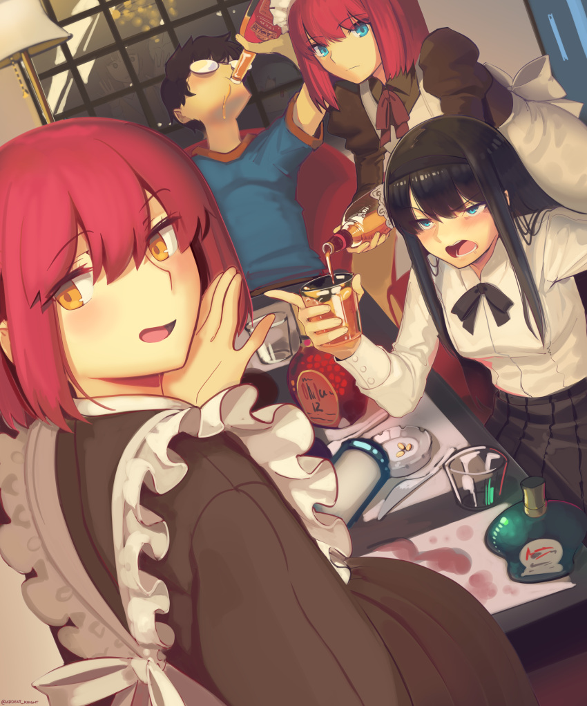 1boy 5girls :d absurdres alcohol apron bangs black_hair blue_eyes blush boa_(brianoa) bottle bow bowtie breasts brown_eyes cup drinking drunk dutch_angle eyebrows_visible_through_hair frilled_apron frills glasses hairband half-closed_eyes hand_on_own_cheek hand_on_own_face hand_up highres hisui_(tsukihime) holding holding_cup indoors japanese_clothes juliet_sleeves kimono kohaku_(tsukihime) lamp len_(tsukihime) long_hair long_sleeves looking_at_viewer looking_back maid maid_headdress multiple_girls open_mouth party pink_hair pleated_skirt pouring puffy_sleeves round_eyewear sanpaku shirt short_hair sidelocks skirt smile table tohno_akiha tohno_shiki tsukihime wa_maid when_you_see_it window yumizuka_satsuki