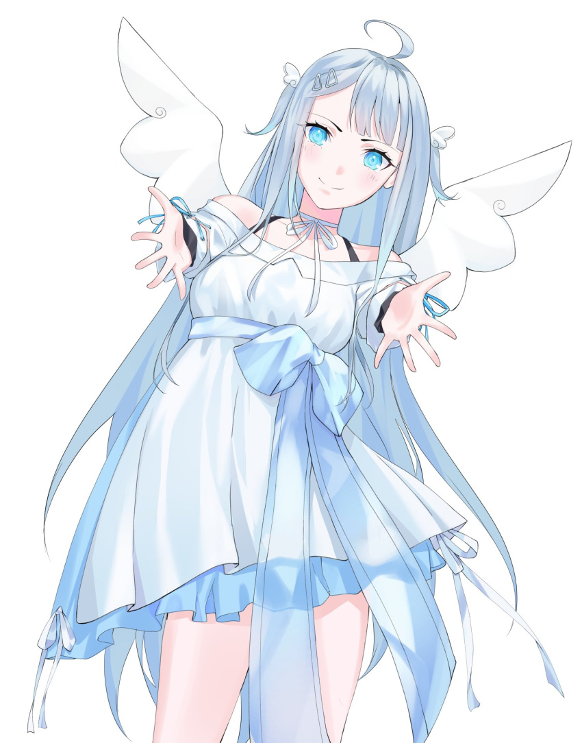 1girl ahoge amatsuka_uto angel angel_wings bangs blue_bow blue_eyes bow dress head_tilt highres indie_virtual_youtuber kuroi_enpitsu long_hair looking_at_viewer off-shoulder_dress off_shoulder open_hands outstretched_arms silver_dress silver_hair smile solo two_side_up very_long_hair virtual_youtuber wing_hair_ornament wings