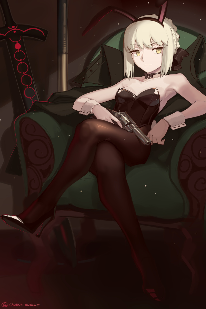 1girl absurdres alternate_costume animal_ears artoria_pendragon_(all) bare_shoulders black_ribbon blonde_hair boa_(brianoa) braid breasts chair crossed_legs detached_collar easy_chair excalibur_morgan_(fate) fake_animal_ears fate/stay_night fate_(series) french_braid gun high_heels highres holding holding_gun holding_weapon jacket jacket_removed leotard looking_at_viewer pantyhose playboy_bunny rabbit_ears revolver ribbon saber_alter sitting small_breasts solo strapless strapless_leotard sword twitter_username weapon wrist_cuffs yellow_eyes