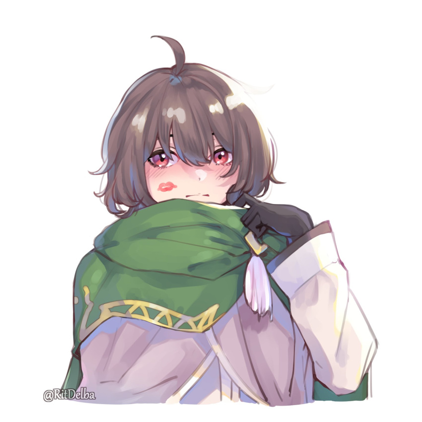 1boy adjusting_neckwear ahoge bangs black_gloves blush brown_eyes brown_hair cape closed_mouth commentary english_commentary fire_emblem fire_emblem:_the_blazing_blade gloves green_cape green_scarf hair_between_eyes highres lipstick_mark long_sleeves looking_at_viewer male_focus mark_(fire_emblem:_the_blazing_blade) ritence robe scarf short_hair simple_background solo twitter_username white_background white_robe