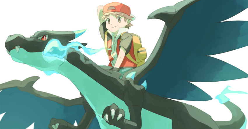 1boy arm_behind_head backpack backwards_hat bag baseball_cap blue_fire brown_eyes brown_hair charizard claws closed_mouth fire from_below gen_1_pokemon hat highres jacket male_focus mega_charizard_x mega_pokemon pants pokemon pokemon_(creature) pokemon_(game) pokemon_frlg red_(pokemon) red_headwear riding_pokemon short_sleeves simple_background sitting smile spiky_hair torinoko_(miiko_draw) white_background wristband yellow_bag