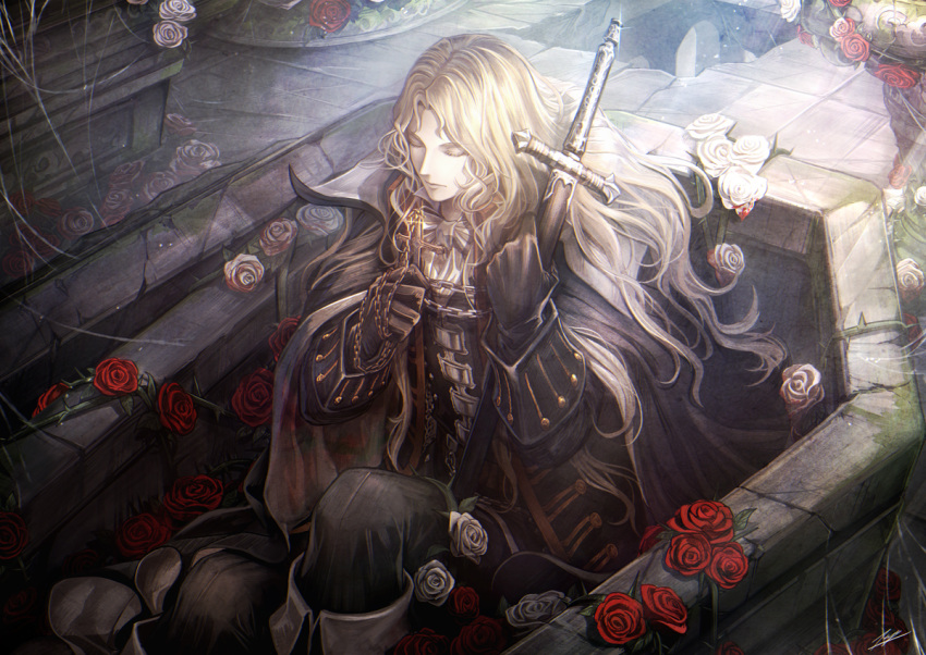 1boy alucard_(castlevania) bangs bishounen black_cape black_coat black_gloves black_pants blonde_hair cape castlevania castlevania:_symphony_of_the_night chain closed_eyes closed_mouth coat coffin cracked_floor cravat cross european_clothes flower gloves hands_up holding holding_cross holding_sword holding_weapon lips long_hair male_focus open_clothes open_coat pants red_flower red_rose rose sheath sheathed silk sitting solo spider_web sword tenyo0819 vampire weapon white_flower white_rose