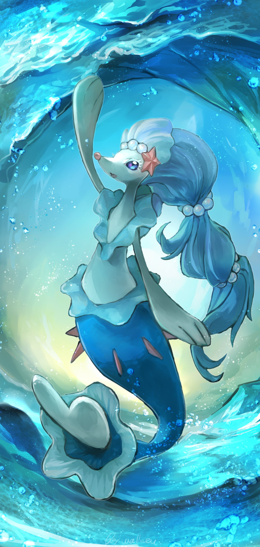 1girl absurdres animal_nose arm_up artist_name blue_background blue_eyes blue_hair blue_theme bubble colored_eyelashes colored_skin commentary day_walker1117 english_text fang flat_chest full_body gen_7_pokemon highres long_hair looking_at_viewer mermaid monster_girl open_mouth pearl_(gemstone) pokemon pokemon_(creature) ponytail primarina signature skin_fang snout solo starfish starfish_hair_ornament tied_hair underwater very_long_hair water white_skin
