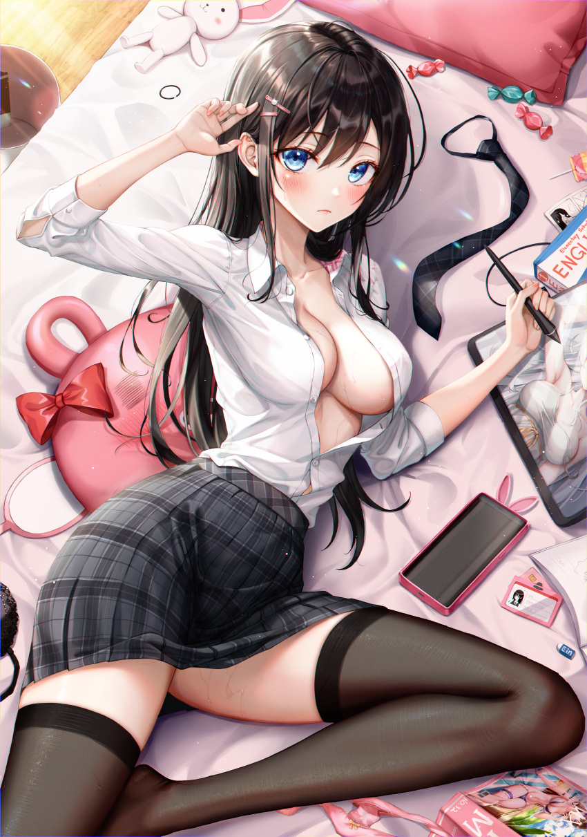 1girl absurdres arm_up bed black_hair black_legwear black_skirt blue_eyes breasts cellphone collared_shirt dress_shirt eichi_(skskdi12z) hair_ornament hairclip hand_up highres large_breasts long_hair long_sleeves looking_at_viewer lying miniskirt no_bra on_back on_bed original partially_unbuttoned phone pillow plaid plaid_skirt pleated_skirt shirt shirt_tucked_in sidelocks skirt smartphone solo sweat thigh-highs thighs white_shirt