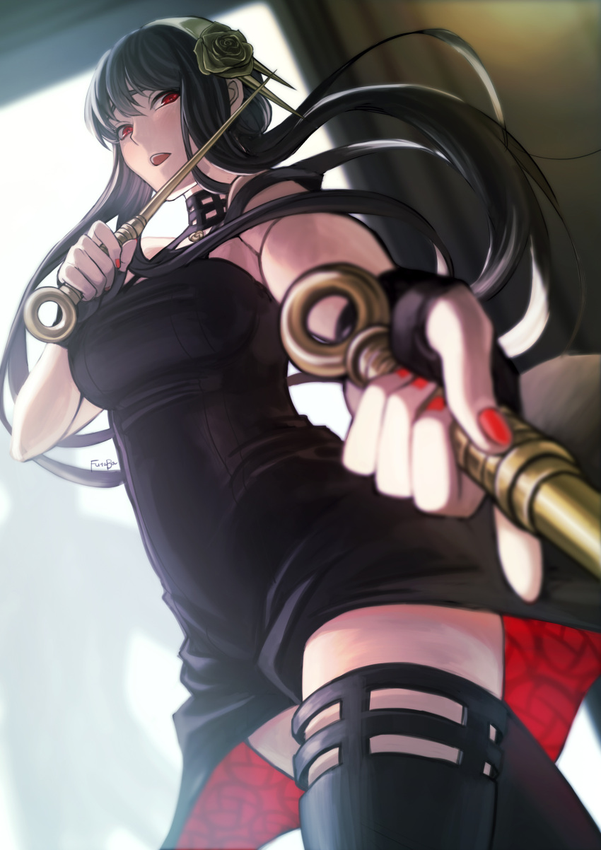 1girl absurdres artist_name backlighting black_dress black_hair black_legwear blurry blush boots breasts commentary cowboy_shot dagger depth_of_field dress flower foreshortening from_below futaba_(souzoubu) gold hair_flower hair_ornament hair_stick hairband highres holding holding_dagger holding_weapon long_hair looking_at_viewer medium_breasts nail_polish off-shoulder_dress off_shoulder open_mouth red_eyes red_nails signature sleeveless sleeveless_dress solo spy_x_family tareme thigh-highs thigh_boots thighs two-sided_dress weapon yoru_briar