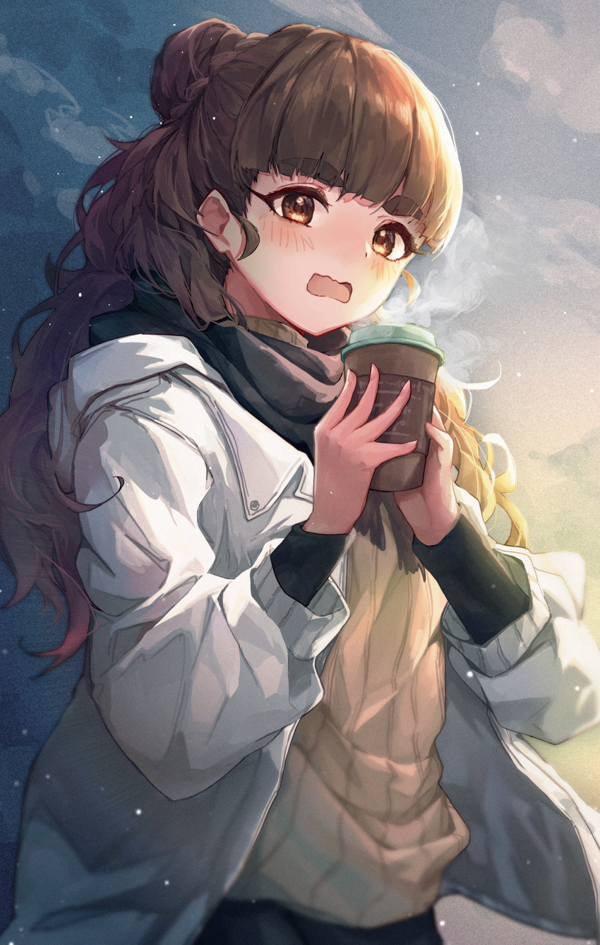 1girl absurdres blush braid braided_bun brown_eyes brown_hair coat cup disposable_cup drink highres holding holding_drink hot_drink idolmaster idolmaster_cinderella_girls kamiya_nao long_hair looking_at_viewer open_mouth outdoors ribbed_sweater scarf shino_sto snow solo steam sweater thick_eyebrows turtleneck turtleneck_sweater wavy_mouth