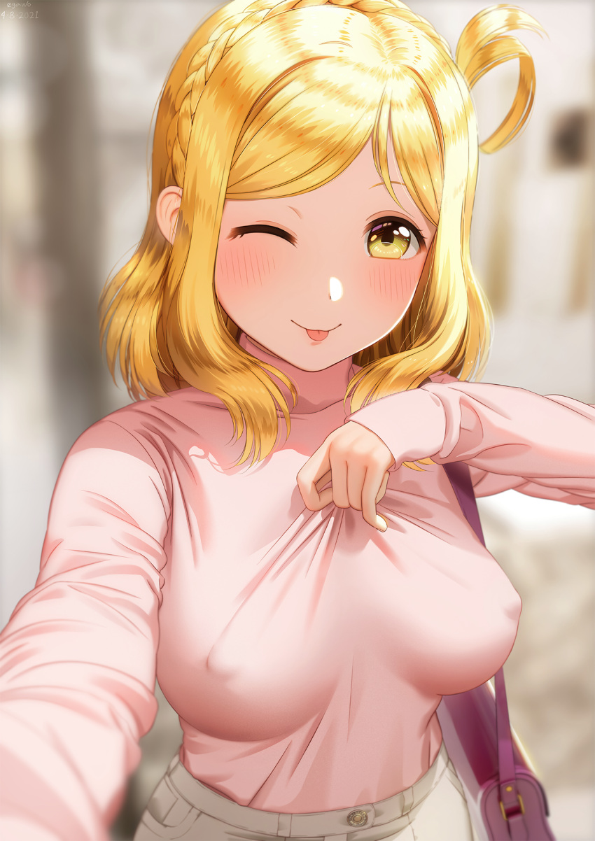 1girl ;p artist_name bag bangs blonde_hair blurry blurry_background blurry_foreground blush braid breasts commentary covered_nipples crown_braid dated day depth_of_field egawo english_commentary hair_rings hand_up handbag hands_up highres long_sleeves looking_at_viewer love_live! love_live!_sunshine!! medium_breasts medium_hair no_bra ohara_mari one_eye_closed outdoors outstretched_arm parted_bangs pink_shirt selfie shirt shirt_tucked_in shoulder_bag sleeves_past_wrists smile solo tongue tongue_out turtleneck upper_body yellow_eyes